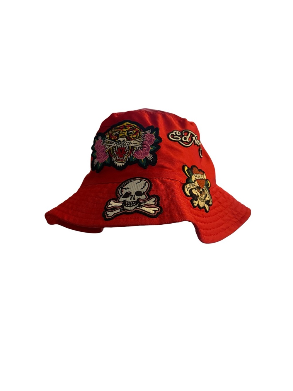 Ed Hardy Red Bucket Hat with Tiger, Skull & Patchwork